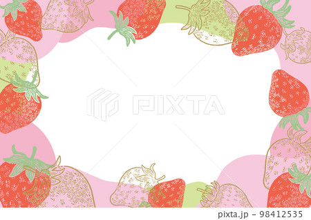 レトロな版画風のイチゴと春色のフレーム背景素材 98412535