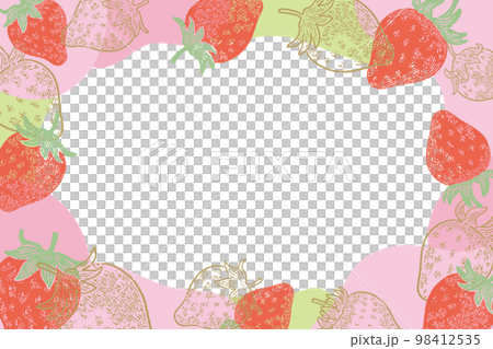 レトロな版画風のイチゴと春色のフレーム背景素材 98412535