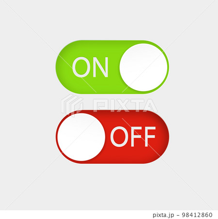 On and Off slider buttons. Red and green switch interface buttons. Vector 98412860
