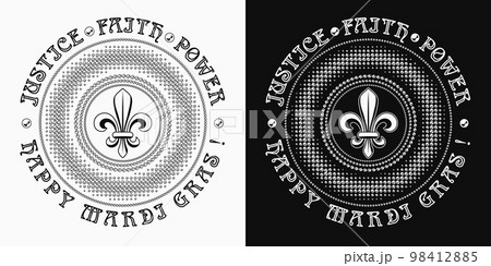 Round carnival Mardi Gras black and white pattern with beads, fleur de lis symbol, text Power, Faith, Justice. Halftone style. For prints, clothing, plate, apparel, t shirt, surface design Round carnival Mardi Gras black and white pattern with beads, fleur de lis symbol, text Power, Faith, Justice. Halftone style. For prints, clothing, plate, apparel, t shirt, surface design 98412885