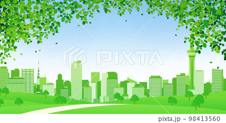 新緑　高層ビル　大都市　背景素材 98413560