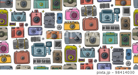 Old fashioned vintage photocamera. Retro and new collection for your design. Seamless pattern background. Vector illustration Old fashioned vintage photocamera. Retro and new collection for your design. Seamless pattern background. Vector illustration 98414030