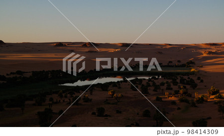 aerial Panoramic view to Boukkou lake group of Ounianga Serir lakes at the Ennedi, Chad 98414309