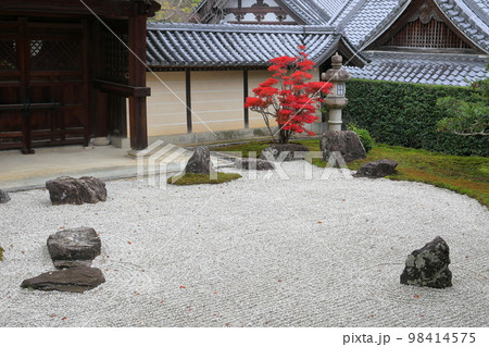 京都府長岡京市粟生西条ノ内　 紅葉の名所　西山浄土宗総本山光明寺の境内の枯山水とドウダンツツジ 98414575