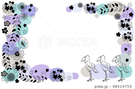 北欧風の花とハシビロコウのかわいい手描きフレーム 北欧風の花とハシビロコウのかわいい手描きフレーム 98414759