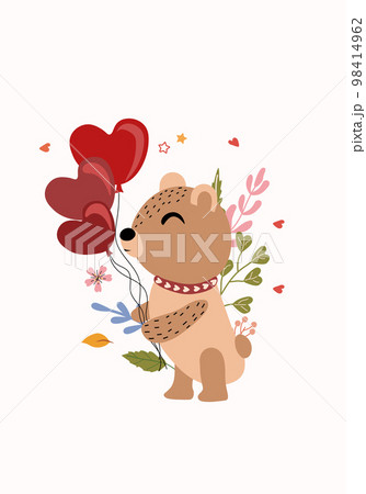 A beautiful postcard with a cute bear holding balloons. Bright illustrations for thank you cards, birthdays, posters, banners, etc. Vector 98414962
