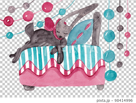 The black rabbit sleeps on a prepared bed surrounded by garlands. Christmas composition. Isolated watercolor illustration for your design. Perfect for Advent calendars and holiday decor 98414996