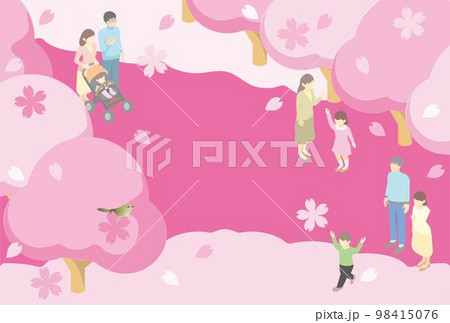 フレーム　アイソメトリック　家族　ファミリー　春　お花見　さくら　桜　風景　広告　背景　イラスト素材 98415076