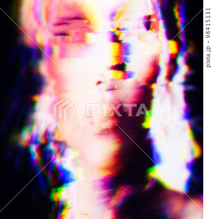 Glitch. Woman's face on the glitched screen. Glitch. Woman's face on the glitched screen. 98415131