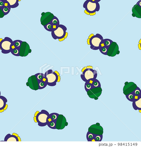Colorful Seamless Pattern with Christmas Penguin in a Hat. Digital Paper with Penguin on Blue background. Colorful Seamless Pattern with Christmas Penguin in a Hat. Digital Paper with Penguin on Blue background. 98415149