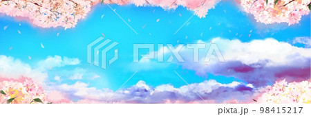 桜吹雪と桜満開、春らしいフレームと爽やかな青空の背景イラスト 桜吹雪と桜満開、春らしいフレームと爽やかな青空の背景イラスト 98415217