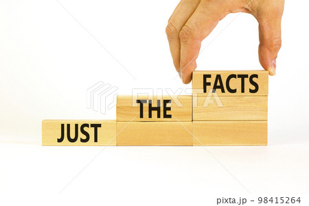 Just the facts symbol. Concept words Just the facts on wooden blocks on a beautiful white table white background. Businessman hand. Business and just the facts concept. Copy space. 98415264