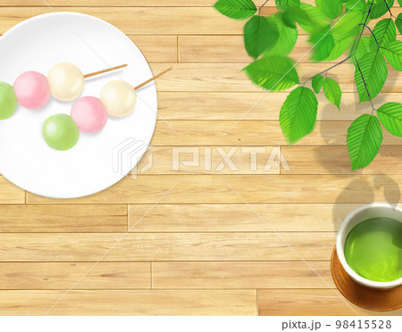 ナチュラルウッドデッキの上にお茶とお皿に乗った3色お団子和風イラストセットー手描き背景素材 98415528