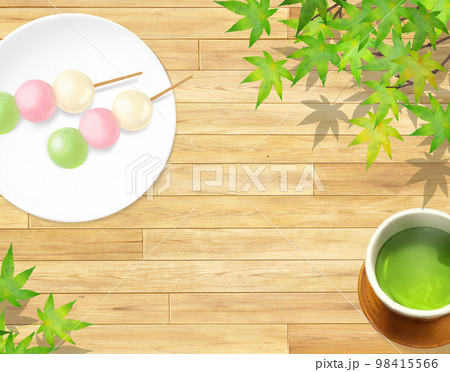 ナチュラルウッドデッキの上にお茶とお皿に乗った3色お団子和風イラストセットー手描き背景素材 98415566