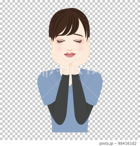 Illustration of a woman wearing a blue scrub that touches her face Illustration of a woman wearing a blue scrub that touches her face 98416182