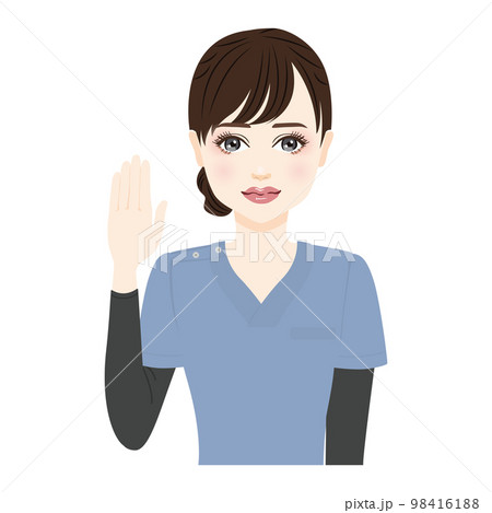 手を上げるブルーのスクラブを着た女性のイラスト 98416188