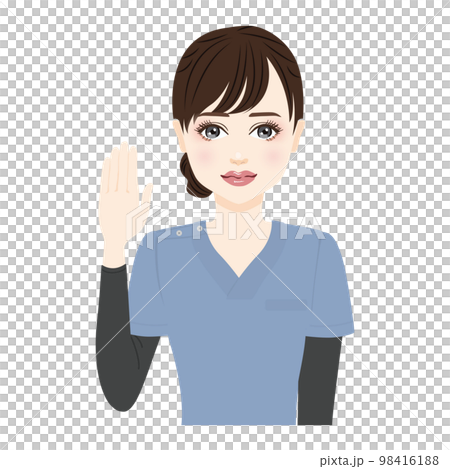手を上げるブルーのスクラブを着た女性のイラスト 98416188