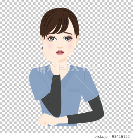 一個穿著藍色磨砂膏的女人很擔心的插圖 98416193