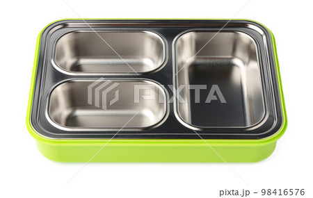 Empty lunch box with metal compartments isolated on white background. Empty lunch box with metal compartments isolated on white background. 98416576
