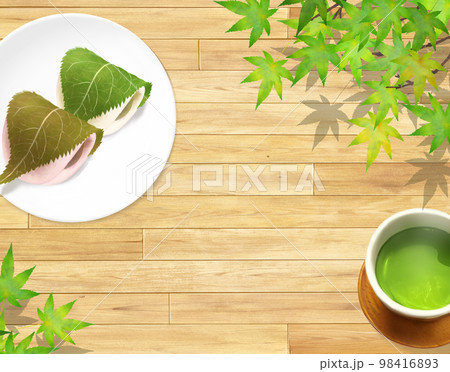 ナチュラルウッドデッキの上にお茶とお皿に乗った桜餅和風イラストセットー手描き背景素材 98416893