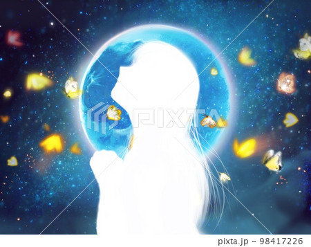 青い満月が輝く夜空背景と飛び回る黄色い蝶々と祈りを捧げるロングヘアーの少女のシルエットイラスト 青い満月が輝く夜空背景と飛び回る黄色い蝶々と祈りを捧げるロングヘアーの少女のシルエットイラスト 98417226