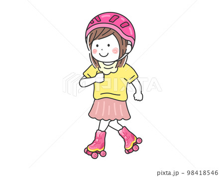 ヘルメットをかぶって、ローラースケートで遊ぶ、女の子のイラスト 98418546