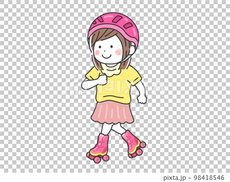 ヘルメットをかぶって、ローラースケートで遊ぶ、女の子のイラスト 98418546