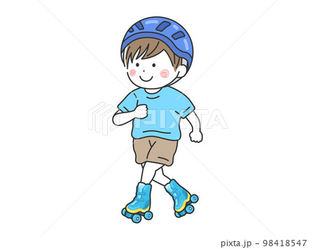 ヘルメットをかぶって、ローラースケートで遊ぶ、男の子のイラスト 98418547