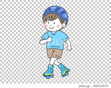 ヘルメットをかぶって、ローラースケートで遊ぶ、男の子のイラスト 98418547