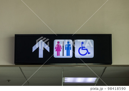 Sign of public toilets, men and lady. Symbols represent communication. Restroom sign on outdoor. Sign of public toilets, men and lady. Symbols represent communication. Restroom sign on outdoor. 98418590