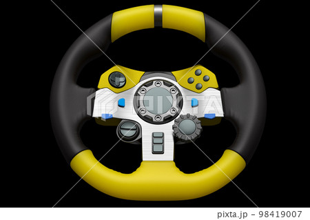 Realistic leather steering wheel isolated on a black background. 98419007