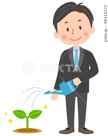 スーツの男性が植物の芽に水やりをするイラスト 98419223