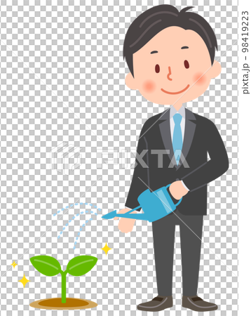 スーツの男性が植物の芽に水やりをするイラスト 98419223