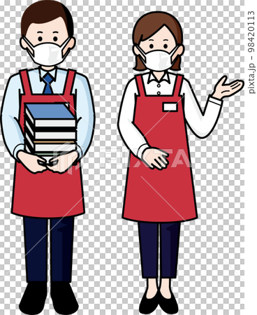 マスクをする本屋の店員　男性と女性 98420113