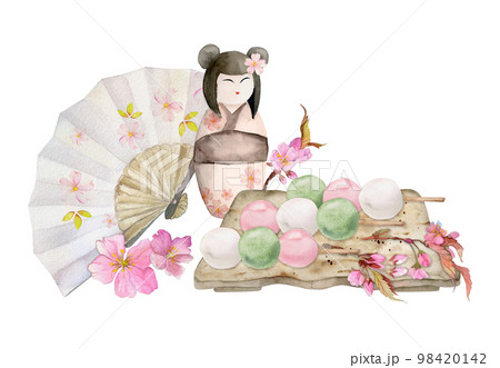 Watercolor hand drawn traditional Japanese sweets. Ceramic dish, spring neri-kiri, mochi, objects. Isolated on white background. Design for invitations, restaurant menu, greeting cards, print, textile 98420142