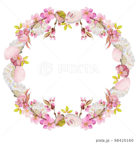 Watercolor hand drawn traditional Japanese sweets. Circle wreath of spring wagashi, sakura blossom Isolated on white background. Design for invitations, restaurant menu, greeting cards, print, textile 98420160