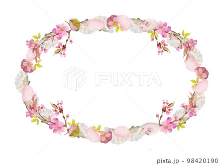 Watercolor hand drawn traditional Japanese sweets. Circle wreath of spring wagashi, sakura blossom Isolated on white background. Design for invitations, restaurant menu, greeting cards, print, textile Watercolor hand drawn traditional Japanese sweets. Circle wreath of spring wagashi, sakura blossom Isolated on white background. Design for invitations, restaurant menu, greeting cards, print, textile 98420190