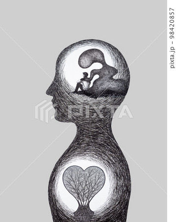 human man body sit mind mental health healing spiritual sad pain depressed loneliness sadness negative energy contrast growing heart love positive emotion art watercolor painting illustration drawing 98420857