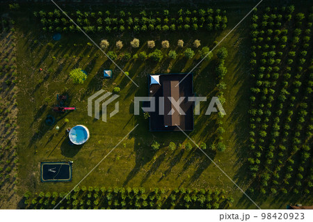 Country house with terrace and backyard for relaxing, aerial view. Top view of cottage with swimming pool and playground on green lawn. Place at countryside for relaxing and resting at weekend Country house with terrace and backyard for relaxing, aerial view. Top view of cottage with swimming pool and playground on green lawn. Place at countryside for relaxing and resting at weekend 98420923