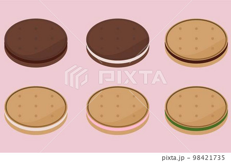 クッキーサンドのイラスト。ビスケットサンドベクターのイラスト。バニラクリーム、ココアクリーム。 98421735
