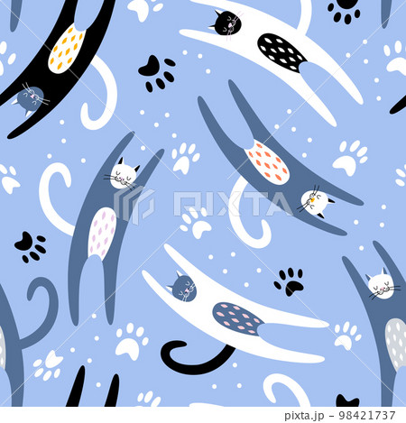 Cute colorful hand drawn cats with paws shape on blue background 98421737