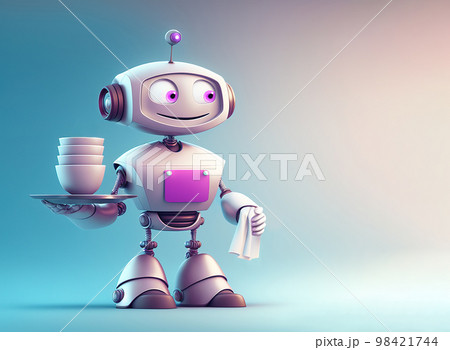 Smiling android waiter holding a tray with dirty plates and a towel over blue background with copy space. 3D illustration Smiling android waiter holding a tray with dirty plates and a towel over blue background with copy space. 3D illustration 98421744