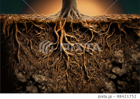 Tree roots in soil close up, underground texture Tree roots in soil close up, underground texture 98421752