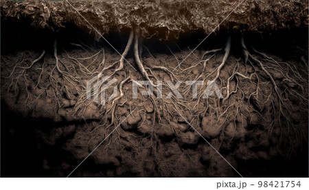 Section of soil, underground texture with rocks and plant roots 98421754