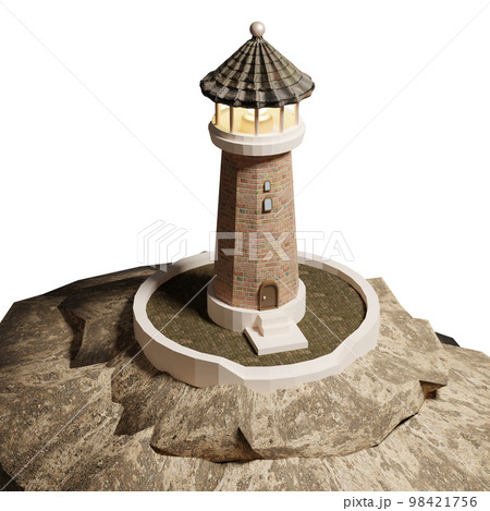 3D rendering of realistic lighthouse on rock with burning searchlight. Navigation difficult area. Realistic PNG illustration isolated on transparent background 98421756
