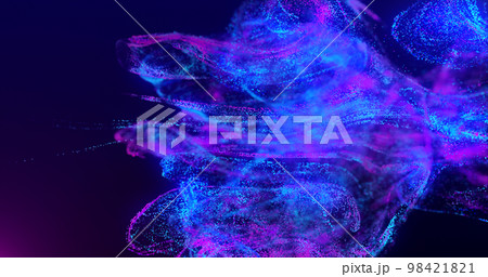 Abstract fluid explosion iridescent blue and purple waves glowing with blur effect and energy magical bokeh on dark blue background. Abstract background 98421821