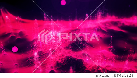 Abstract red futuristic landscape of particles and dots of energetic magic with glow and blur effect, abstract background 98421823