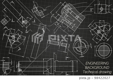 Mechanical engineering drawings on black background. Tap tools, borer, cutting tools, milling cutter. Technical Design. Cover. Blueprint. Vector illustration. 98422027