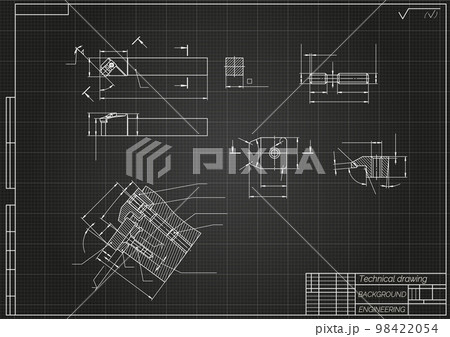 Mechanical engineering drawings on light background. Cutter, assembly tool with replaceable multi-faceted plate. Technical Design. Cover. Blueprint. Vector illustration. 98422054