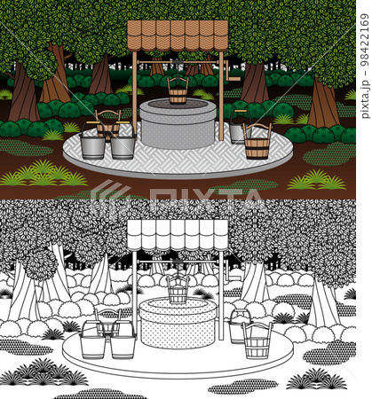 背景用デザイン系イラスト「森の中の井戸」着色済み＆ぬりえ用線画セット 98422169